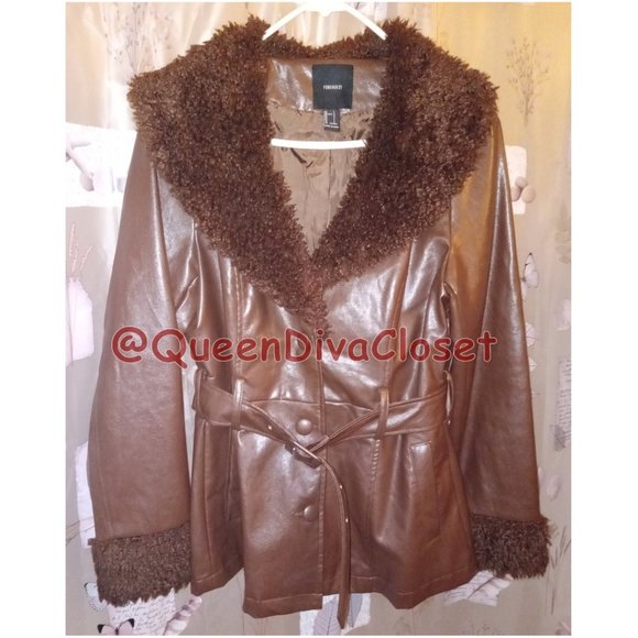 F21 Dark Chocolate Brown Faux Leather Fur Trimmed Belted Retro 90's 70s Jacket L - Picture 2 of 7